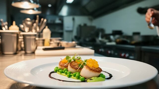 Chef adding golden caviar to seared scallops on plate