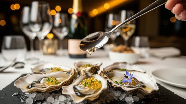 Delicious oysters topped with caviar and chives on ice