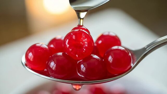Spoonful of vibrant red maraschino cherries being drizzled with syrup