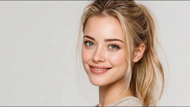 Young European woman with long blond hair smiles softly. She has fair skin and is wearing a light gray sweater. The background is neutral and simple.