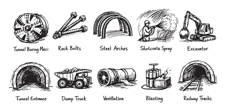 Hand drawn style sketch illustration showing various aspects of tunnel construction, including machinery, materials, and processes on a white background.