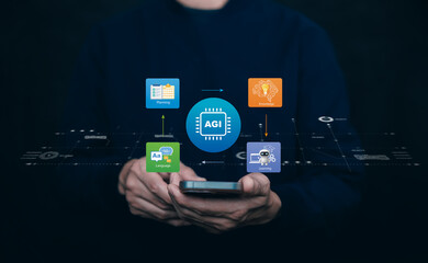 Fototapeta premium Artificial general intelligence and AI technology concept with connected modules for learning, planning, language, and knowledge. Digital intelligence system for future business, automation.
