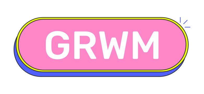 GRWM rounded pink cartoon UI button. Get ready with me. Fashion content creator. Beauty routine. Daily glam. Clickable call-to-action. Flat vector illustration. Cute design. Rubik font used