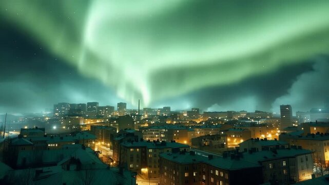 Aurora-like phenomenon illuminates city skyline with vibrant lights against a darkening twilight backdrop