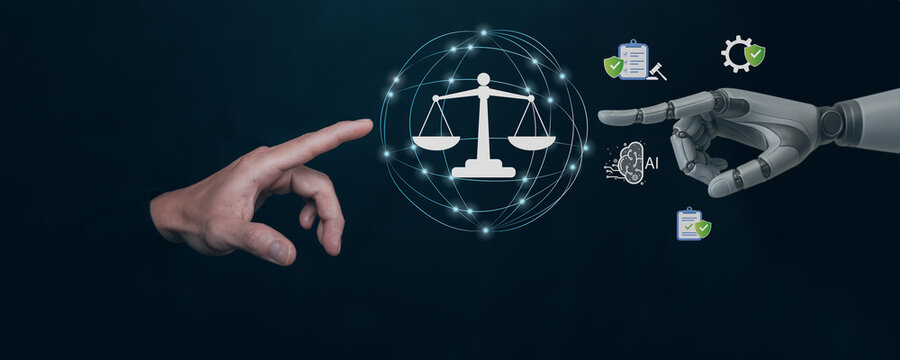 Concept of AI ethics and governance, showing balance between human and artificial intelligence. Trust, compliance, transparency, and responsibility in advanced technology and corporate digital.