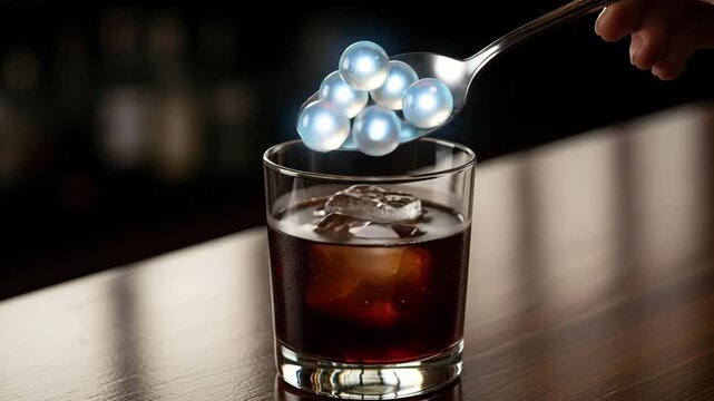 Sparkling spheres float above a refreshing cold drink on ice