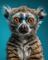 Fototapeta premium Portrait of an Aye-Aye Wearing Large Glasses, Captured in a Studio Setting With a Blue Background