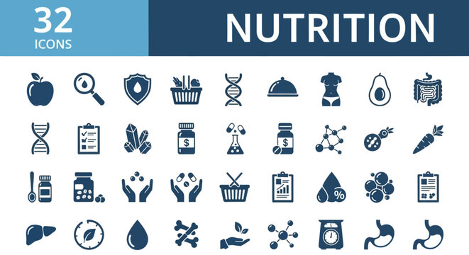 Collection of nutrition-related icons including food, health, and science symbols in a grid layout on a clean background