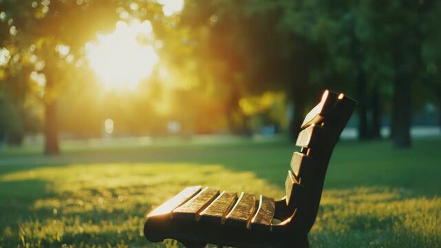 Park bench standing alone in lush green grass, illuminated by the warm, atmospheric golden hour sunlight filtering through the trees, evoking feelings of peace and solitude in nature
