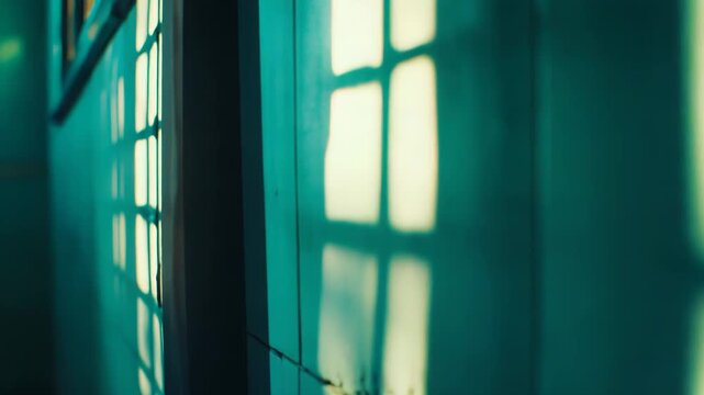 Sunlight streams through a multi paned window, creating a visually compelling pattern of abstract grid shadows on a textured teal green tiled wall, evoking feelings of confinement or transformation