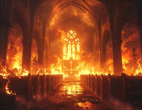 A church interior engulfed in flames with fire on pews