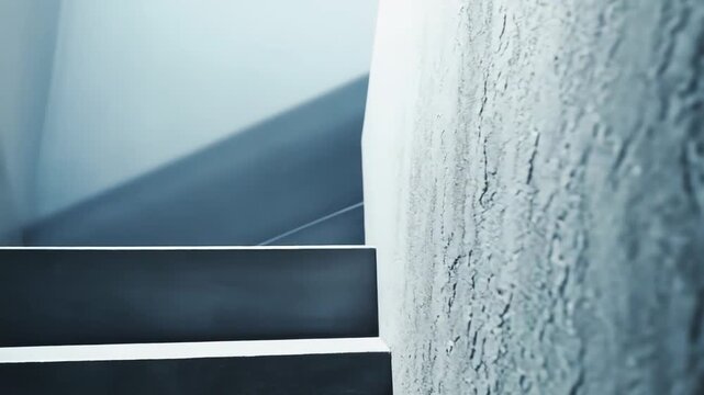 Dark staircase fading into a distant light, symbolizing an uncertain journey upwardchallenge, solitude, and progress toward hope and opportunity in a minimalist interior setting
