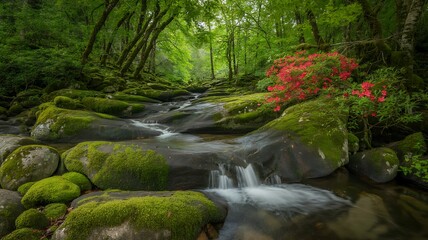 Obraz premium Peaceful Forest Stream Flowing Over Mossy Rocks