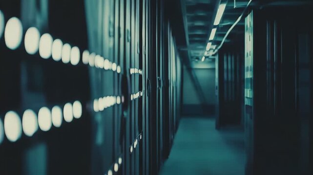 Server racks with numerous illuminated small circular indicator lights creating a repeating pattern, indicating activity and connectivity within a data center hallway