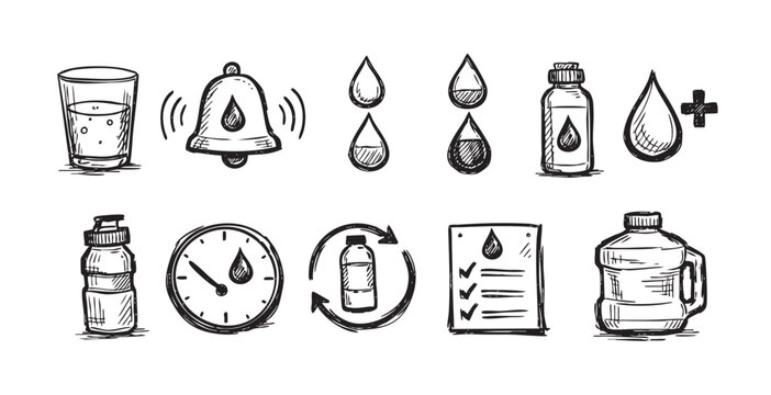 Hand-drawn doodle icons of water, bottles, droplets, reminders, and time, illustrating hydration, wellness, and health on a white background.