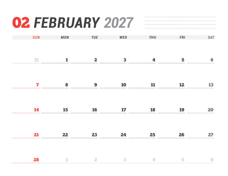 February 2027 Monthly Calendar Template for Planning and Organization improves team workflow and daily task tracking with clear minimalist layout. Week starts on Sunday. vector illustration
