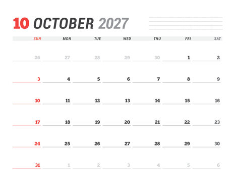 October 2027 Monthly Calendar Template for Planning and Organization features minimalist structure for effective scheduling. Week starts on Sunday. Perfect for freelancers and teams