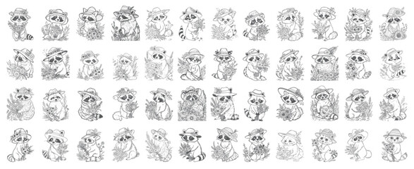Obraz premium Vintage Engraving Style Raccoons, Botanical Elements and Animal Sketches