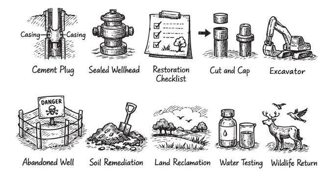 Black and white drawing showing a process of well remediation including capping, excavation, water testing, soil remediation, and wildlife return.