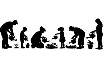 Obraz premium Silhouette of diverse family gardening together.