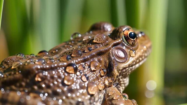 A brown frog sits still in a natural pond environment. Its bumpy skin is covered with glistening water droplets. Close-up wildlife detail.