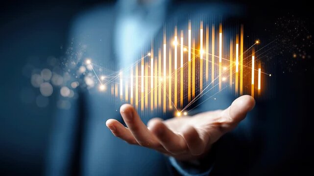 Male business hand in dark suit holding glowing orange financial graph with rising bars and network lines on blurred office background, innovative investment and fintech concept