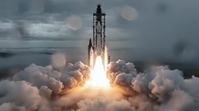 A massive space rocket launches from a launchpad. Intense fire and smoke billow as it ascends into the cloudy sky. Science and technology.