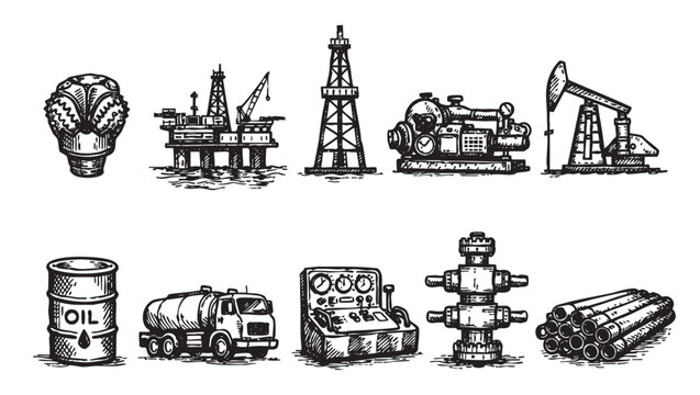 Hand-drawn vector illustration featuring oil drilling rig, pump jack, truck, oil drum, and pipes, suitable for energy and industry themes.