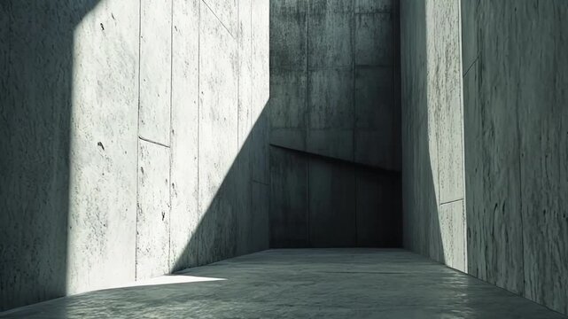 Concrete walls and floor creating a minimalist architectural background, featuring strong geometric light and shadow patterns, perfect for abstract design or futuristic concepts