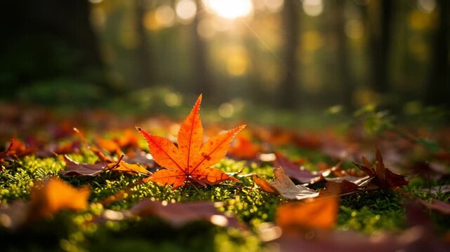 Vivid Orange Maple Leaf On Mossy Forest Floor In Golden Sunlight
