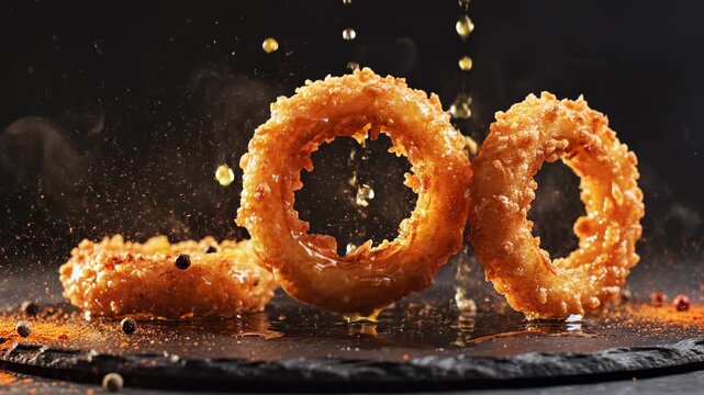 Crispy golden onion rings fall onto a dark slate. Savory fast food with spices and oil droplets. Delicious crunchy texture.