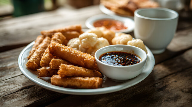 Indonesian snacks, such as pempek and fried foods with chili sauce. Background illustration of Indonesian food.