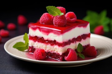 Square slice of layered raspberry mousse cake presenting its texture on a plate