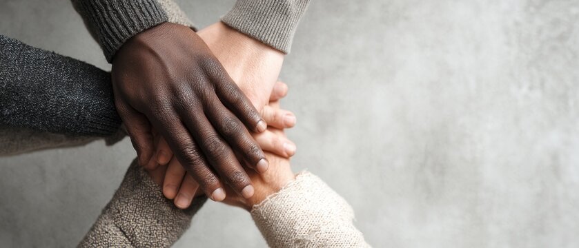 Hands Joined Together Showing Unity and Teamwork on a Neutral Background in a Collaborative Setting