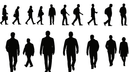 Silhouettes of people walking in various directions, captured from multiple viewpoints, showcasing different styles and poses in a graphic illustration.