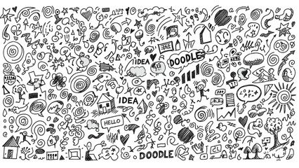 A collection of various doodles and icons representing different ideas and concepts in a chaotic and creative environment from a bird's eye view