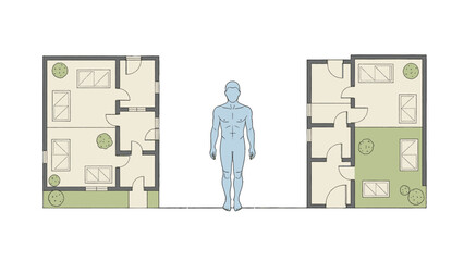 Human figure standing between two adjacent floor plans illustrating residential or commercial building layouts with room divisions and furniture outlines viewed from directly above