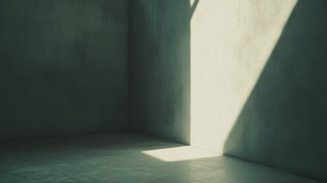 Empty concrete room corner showing wall textures and shadows from a window, creating a serene, minimalist atmosphere and conceptualizing solitude, space, and introspection