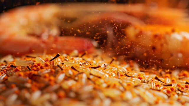 Bright orange spices slowly fall onto uncooked white rice. Large fresh shrimp are visible in soft focus. Close-up of raw culinary ingredients for a meal.