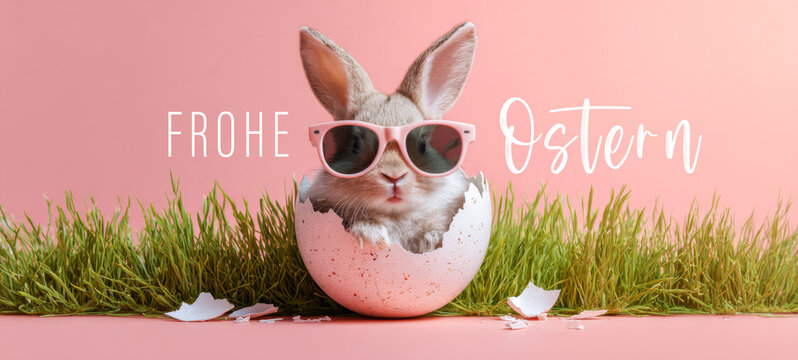 Frohe Ostern Ferien Feiertag Gru&szlig;karte, Karte mit deutschem Text - Cooler lustiger Osterhase mit Sonnenbrille und Osterei im Gras auf Wiese, isoliert auf pinkem Hintergrund