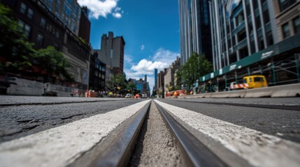 Wide Shot of City Curb Line Showing Leading Lines Along Track and Buildings in Urban Setting During Daylight