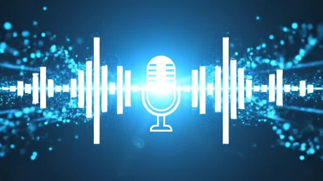 Digital microphone icon with sound wave visualization on a dark blue background.