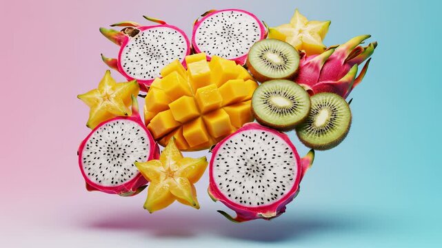 Colorful tropical fruits float in a vibrant composition. Dragon fruit, mango, kiwi, and star fruit showcase fresh textures.