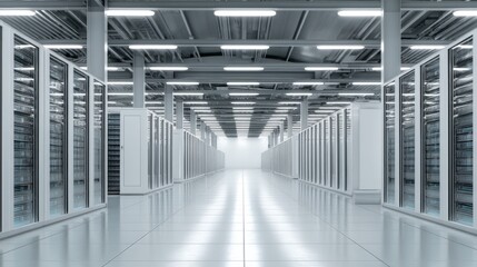 Wide Shot of Symmetrical Aisles in a Data Center With Racks Lined up and Strong Leading Lines at Midday