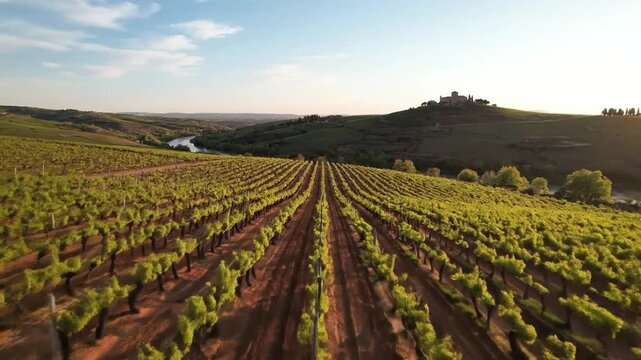Expansive vineyard rows bathed in golden hour sunlight stretching towards rolling hills and a distant ancient castle under a clear blue sky highlighting agricultural beauty and serene landscape