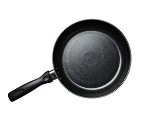 Overhead shot of a non-stick frying pan with a long handle against a solid black background