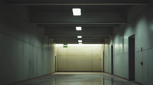 Deserted interior corridor stretches into the distance under fluorescent light, its polished floor reflecting the ceiling lights and dark walls, evoking feelings of suspense and uncertainty
