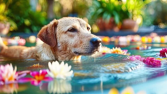 Wet golden retriever dog calmly swimming in clear garden pool surrounded by bright floating water lilies and tropical plants in blurred background, relaxing summer pet wellness atmosphere