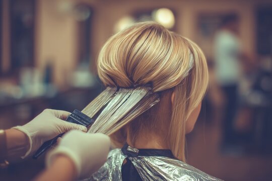 Stylist applies bleach highlights to blonde hair at hair salon styling