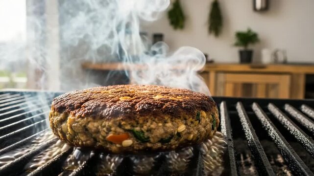 Delicious vegan burger sizzling on grill with smoke rising